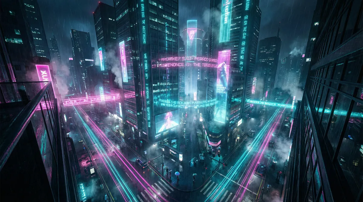 草莓榴莲黄瓜丝瓜蕾丝 竖屏短剧平台首页背景 - 赛博朋克都市夜景
